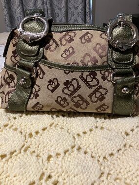 Kathy Van Zeeland Olive Green and Brown Logo Shoulder Bag
